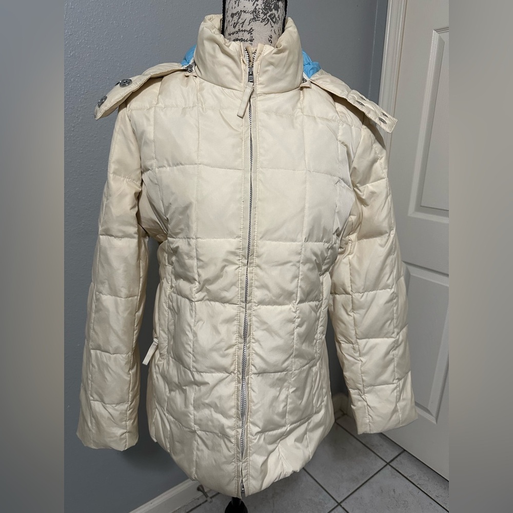 Vintage 2003 GAP Women Ivory The Warmest Jacket Down Puffer Hooded SZ S yellow